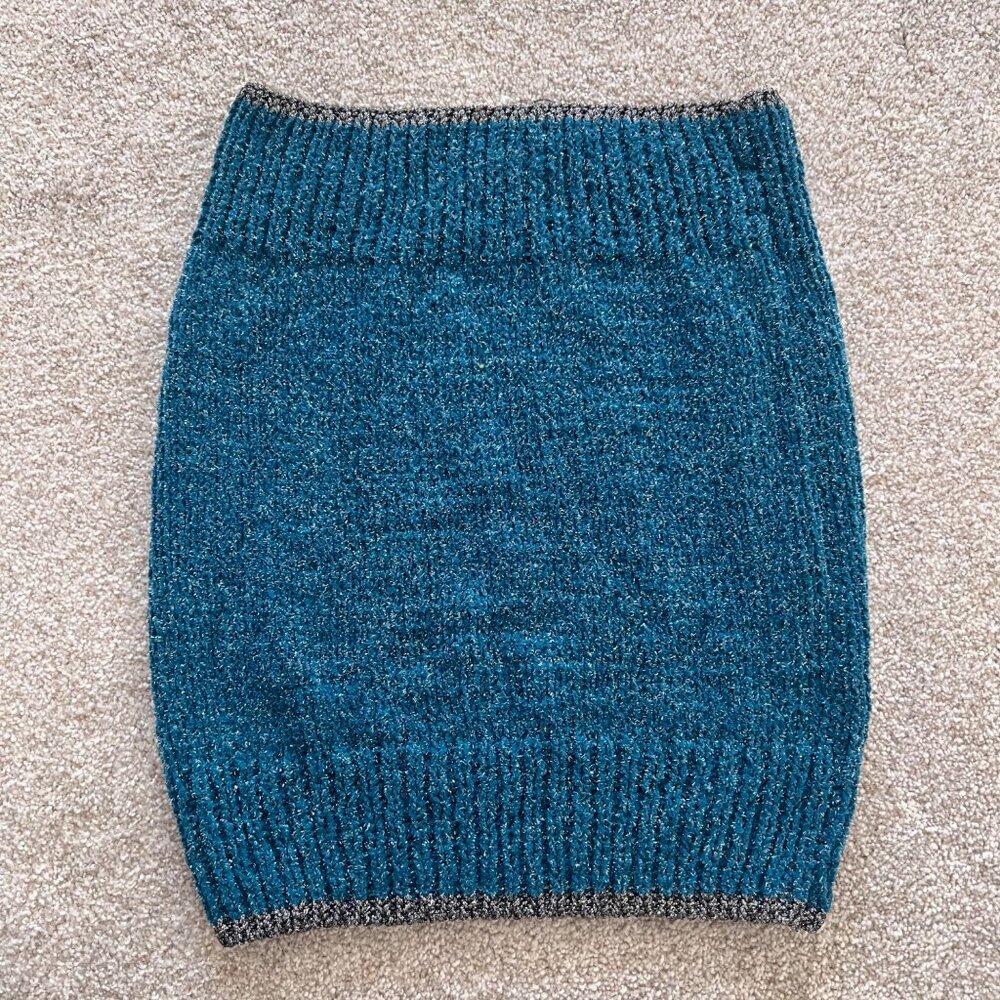 Y2K Glitter Knit Teal Aqua Blue and Silver Fitted Tube Top / Mini Skirt One Size - Picture 5 of 7